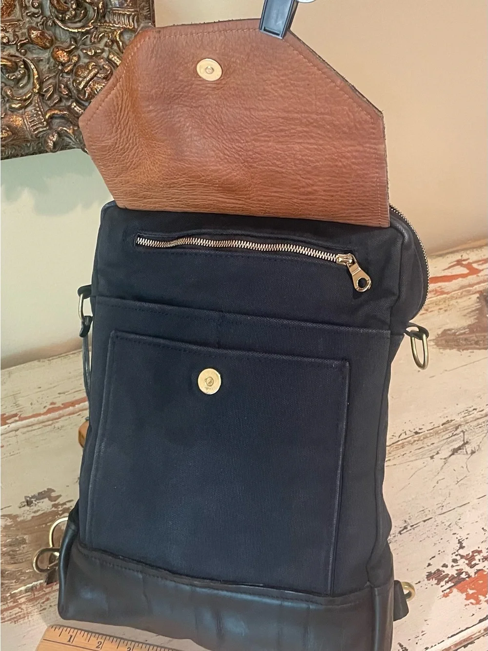 R. Riveter Navy and Black Canvas Leather-Trim Backpack